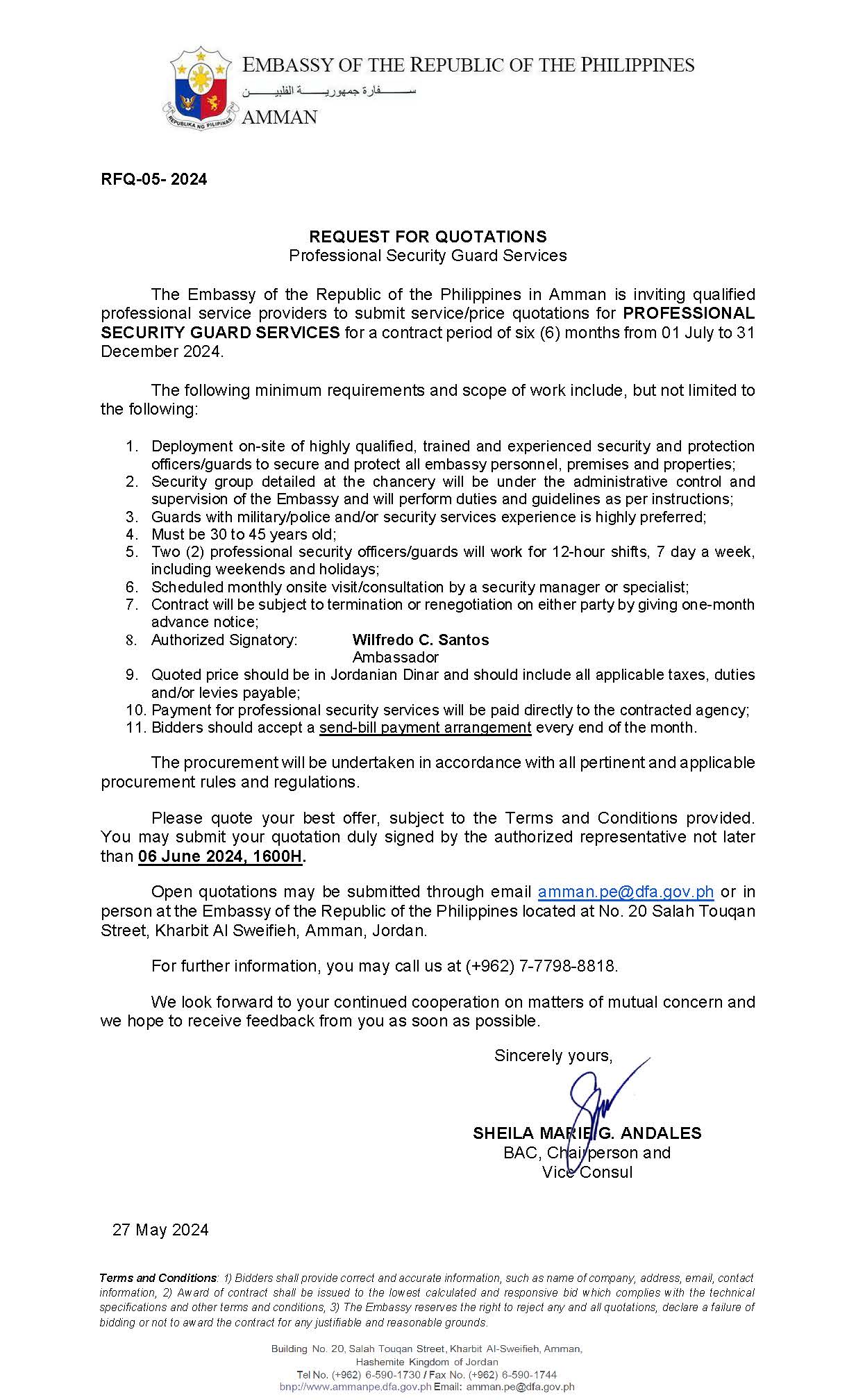 RFQ 05 2024 REQUEST FOR QUOTATION RFQ SECURITY GUARD SERVICE PROVIDER JULY DEC 2024 RQF FOR POSTING