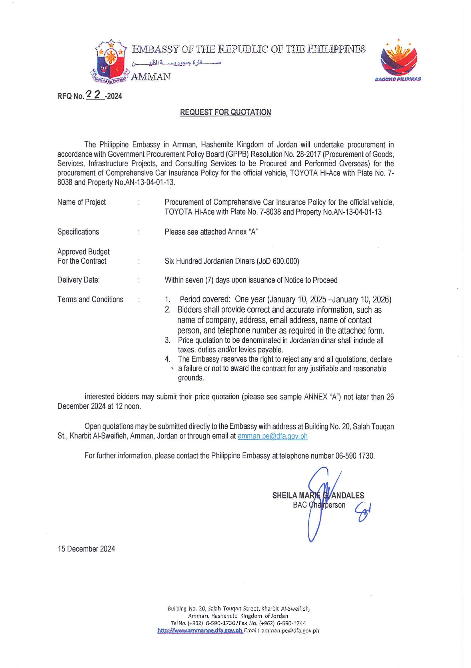 RFQ 22 2024 Comprehensive Insurance for Toyota Hi Ace with Plate No. 7 8038 Page 1