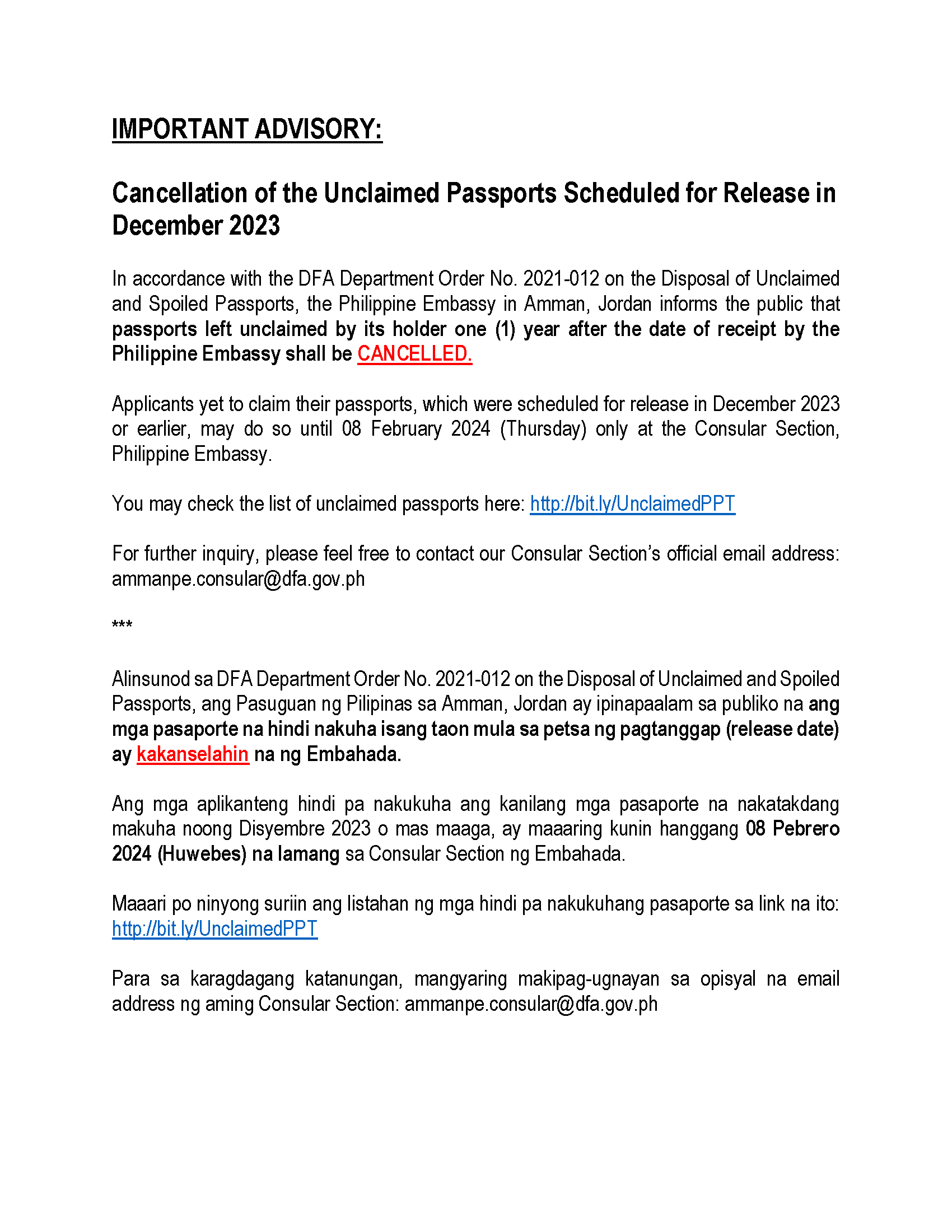 Cancellation of Unclaimed passport for the Month of December 2023