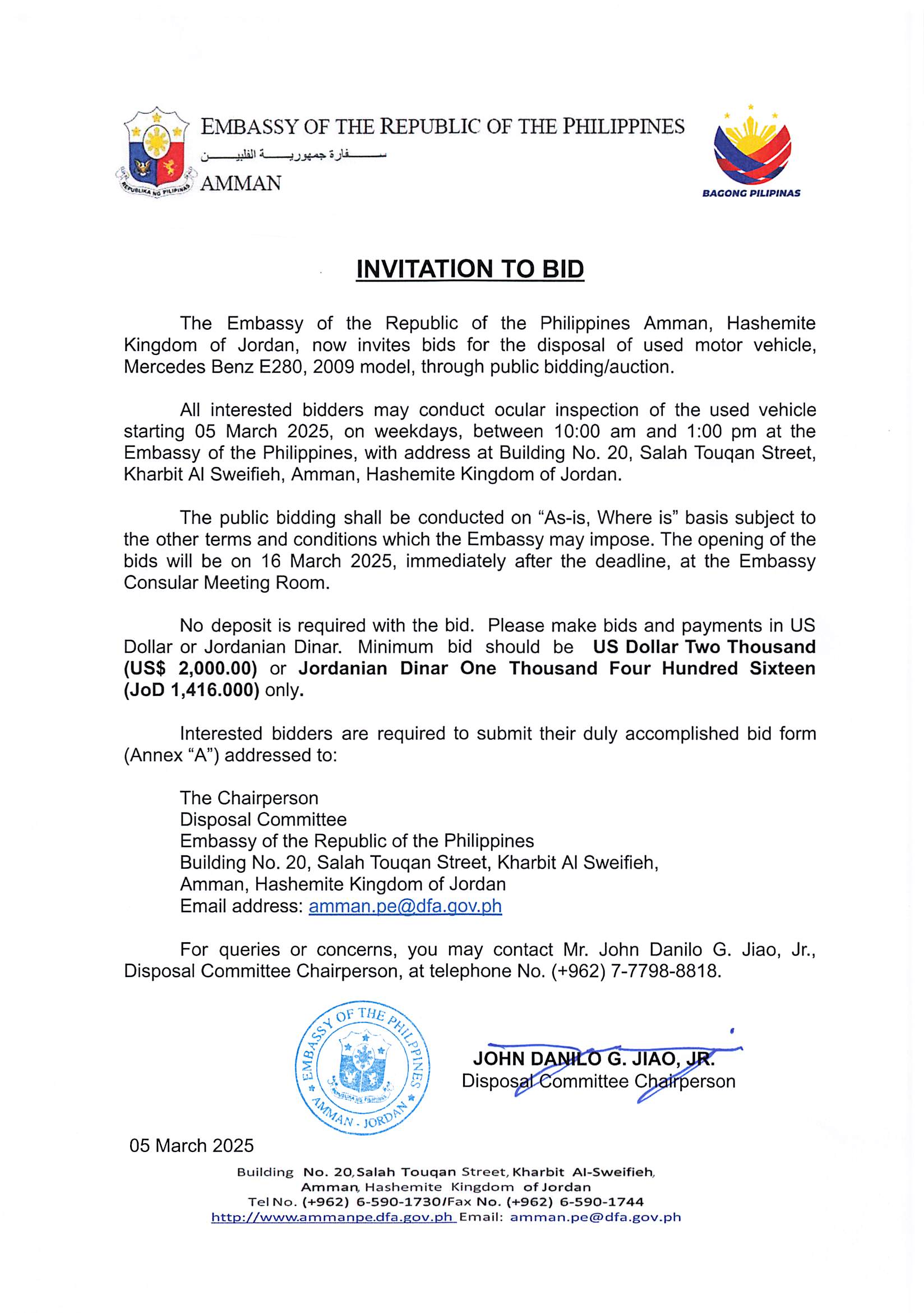 INVITATION TO BID Disposal of used Mercedes Benz E280 2009 model Page 1