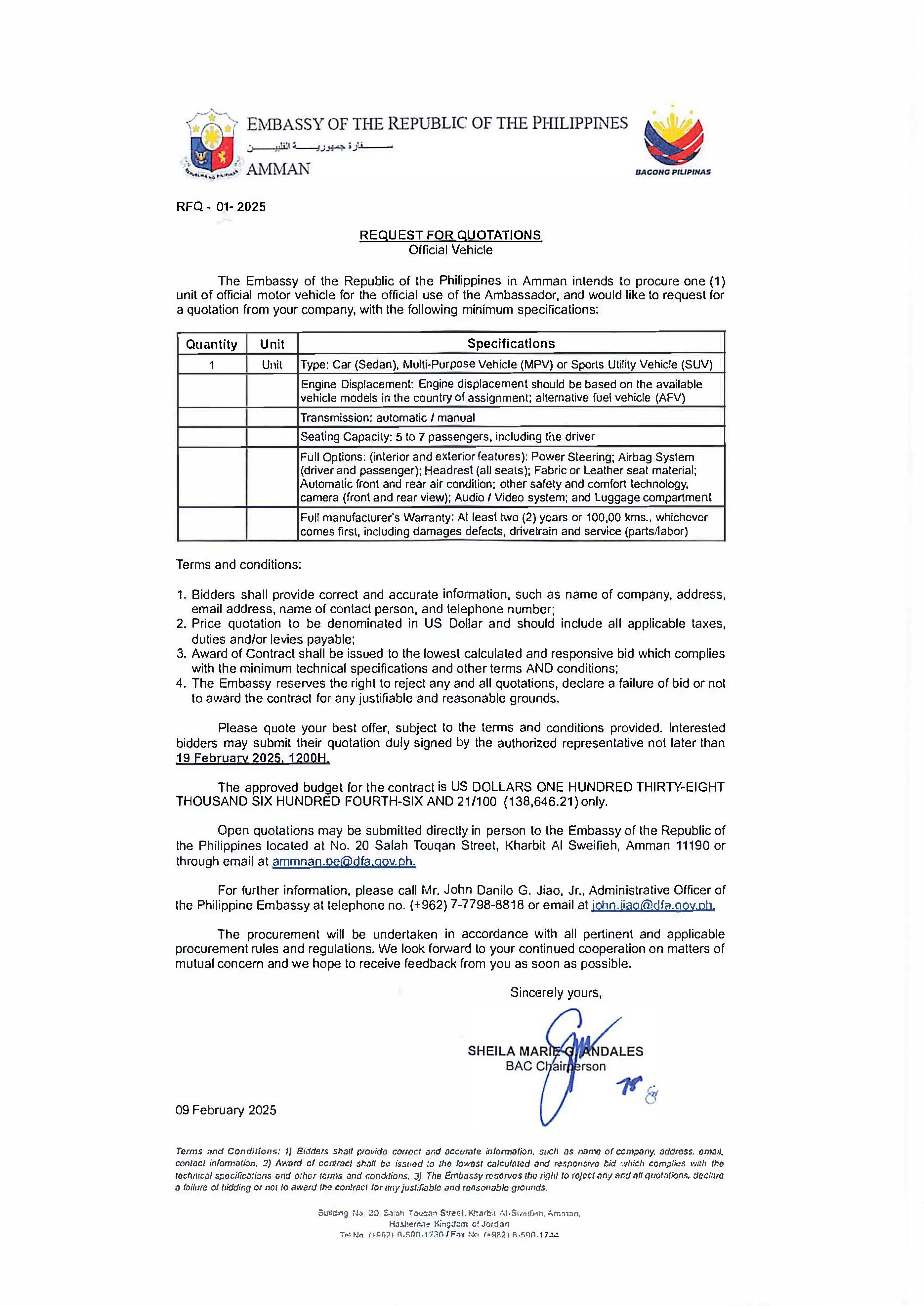 Request for Quotation No. 01 2025 Procurement of One 1 Unit of Official Motor Vehicle