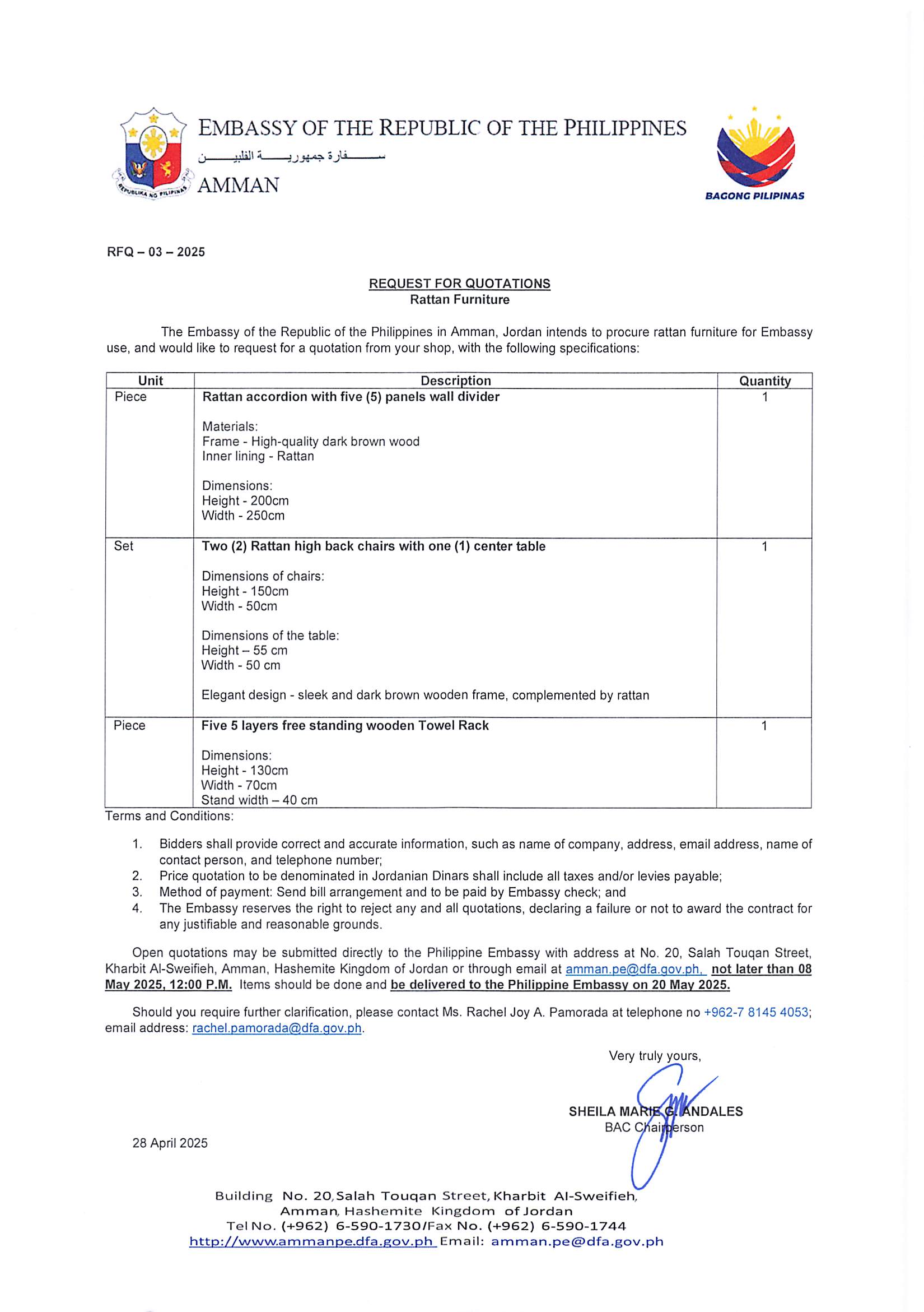 Request for Quotation No. 3 Procurement of Rattan Furniture