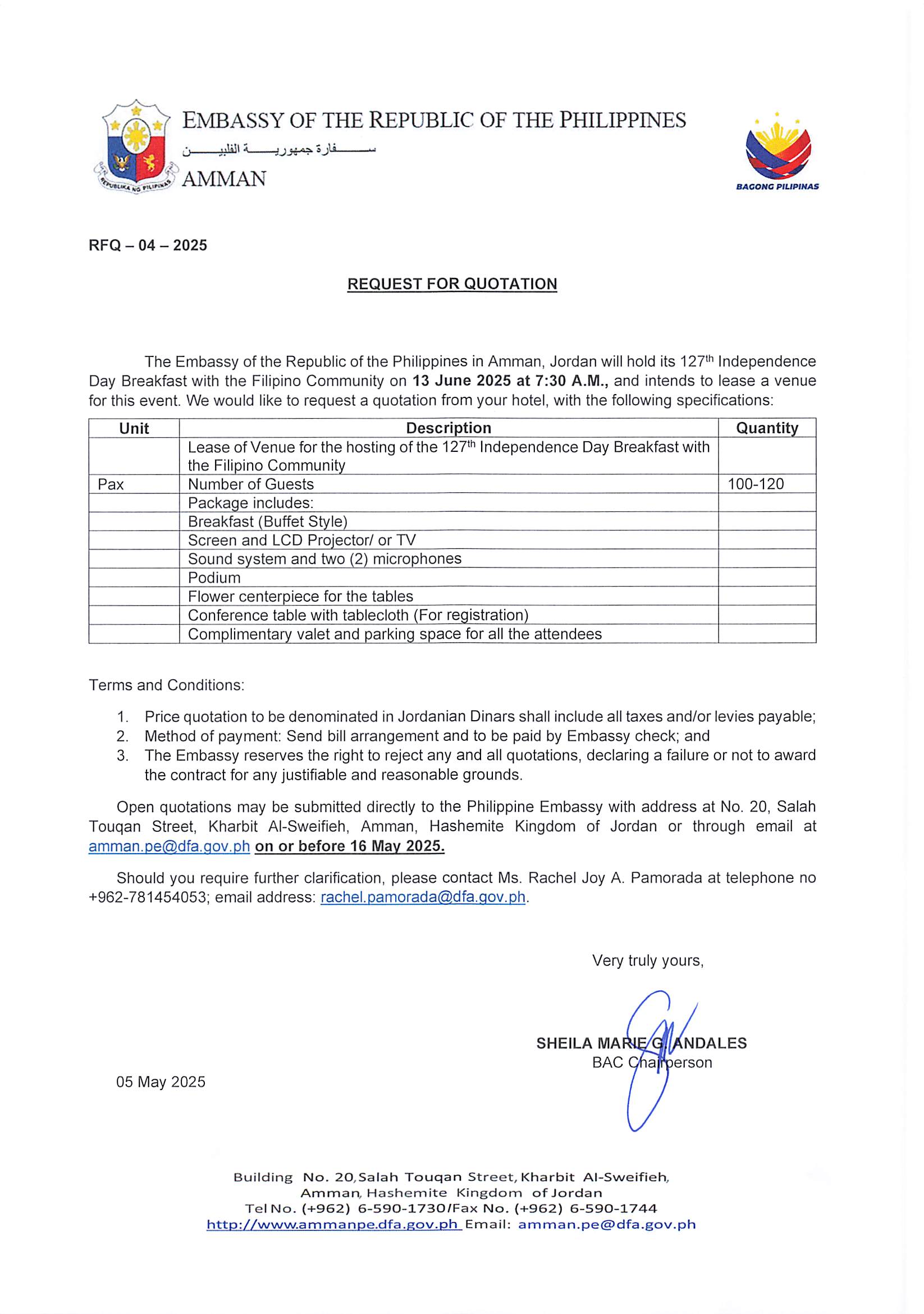 Request for Quotation No. 4 Lease of Venuew for the National Day with Filipino Community